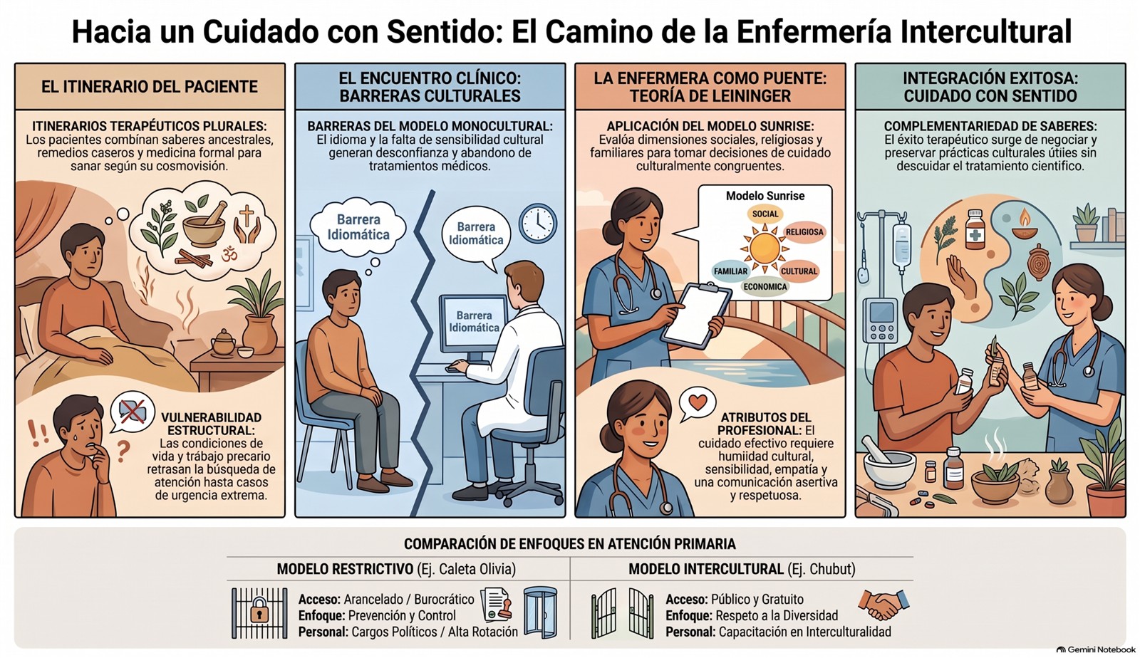 Infografía Hacia un Cuidado con Sentido: el itinerario del paciente, las barreras culturales, la enfermera como puente y la integración exitosa, con una comparación entre el modelo restrictivo y el intercultural.